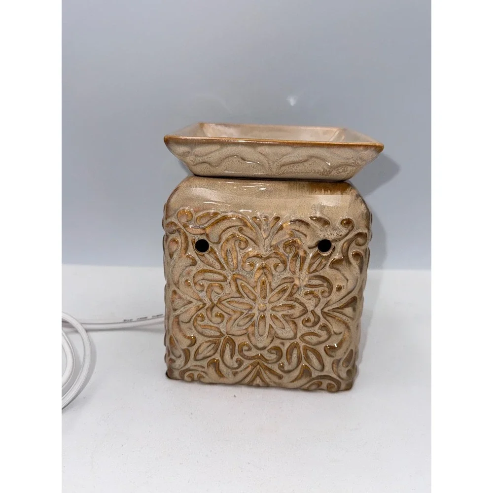 Wax Warmer Home Tan Brown Embossed Floral Ceramic Electric Tested